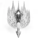 Arthas Menethil, the Lich King, wielding Frostmourne with an icy blue aura tattoo design idea