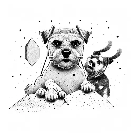 A boulderer scaling a mountain peak with a border terrier by their side tattoo design idea