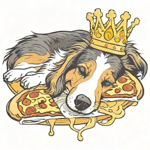 A beagle sheltie mix dog with short hair wearing a tiara sleeping peacefully dreaming of a pizza slice tattoo design idea