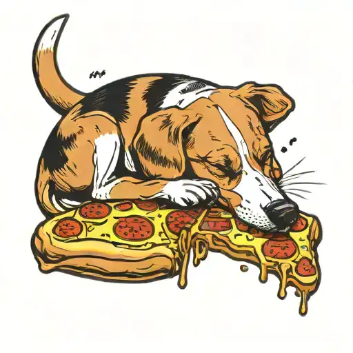 A beagle sleeping peacefully on a pizza slice tattoo design idea