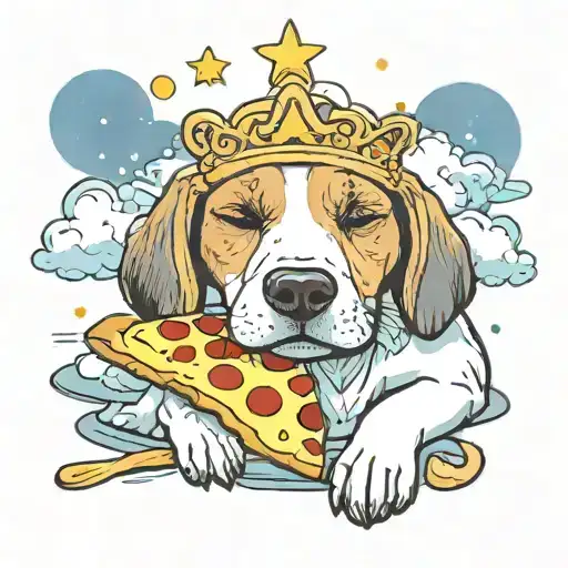 A beagle wearing a tiara sleeping peacefully dreaming of a pizza slice tattoo design idea