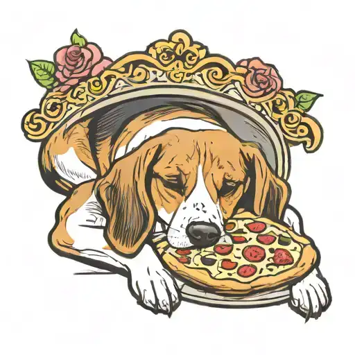 A beagle dog with short hair wearing a tiara sleeping peacefully dreaming of a pizza slice tattoo design idea