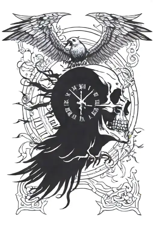Skull Clock raven flying forrest mountain tattoo design idea