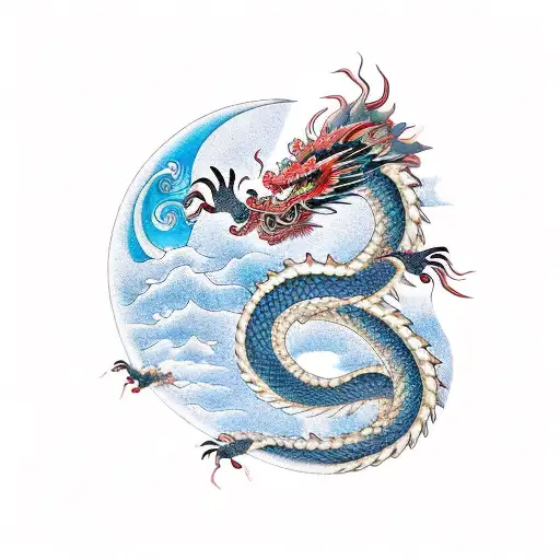 a Chinese dragon with feminine, delicate features, flying across the starry sky, across a crescent moon between c tattoo design idea