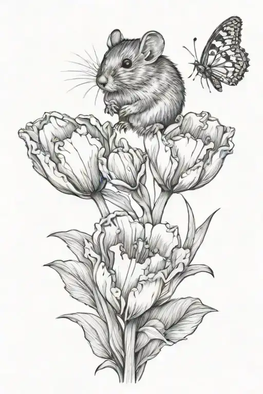 harvest mouse on a tulip flower tattoo design idea