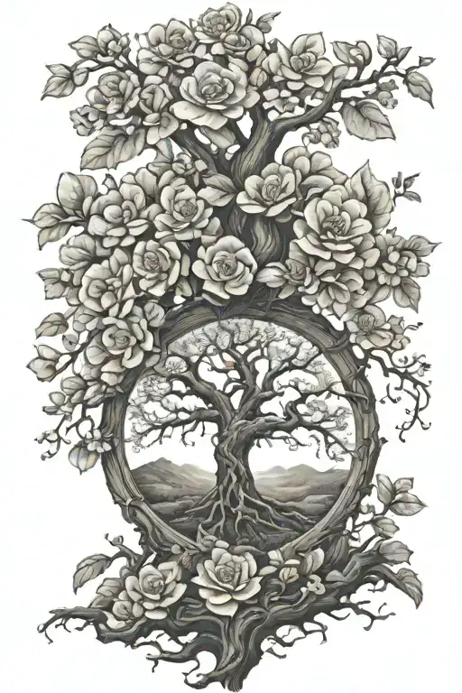 flowers surrounding tree of knowledge tattoo design idea