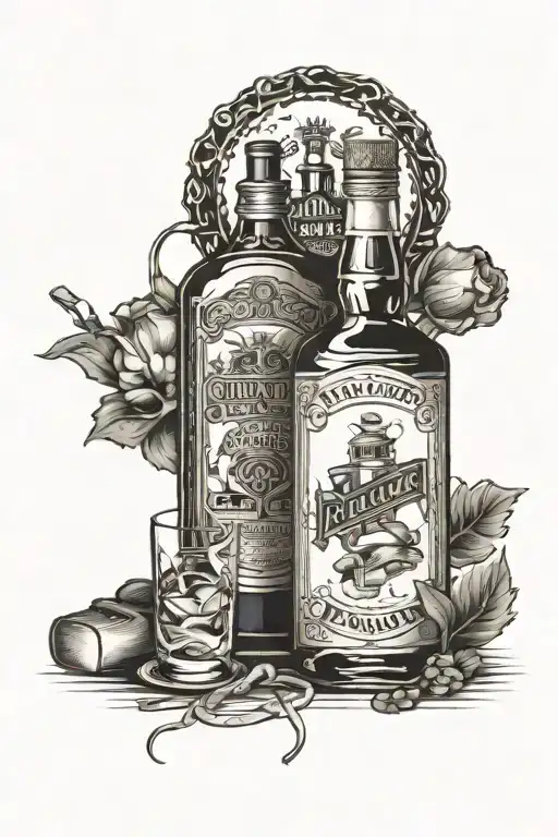card and whiskey bottle tattoo design idea