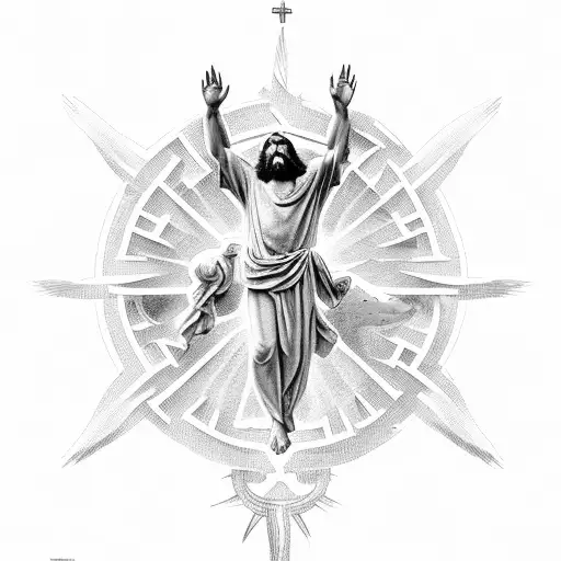 Jesus styled like a greek statue with a dove flying and sunrays tattoo design idea