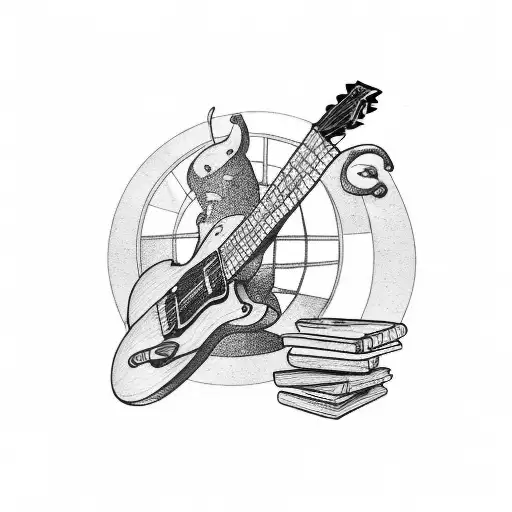 A rock guitar with coffee beans as the body, surrounded by books and a passport tattoo design idea