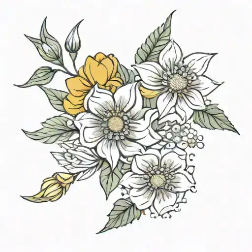 wrap flowers Cosmos, Marigold, Daffodil, Water lily, Larkspur, Peony, Chrysanthemum, Holly, Narcissus, Daisy, Sweet pea tattoo design idea