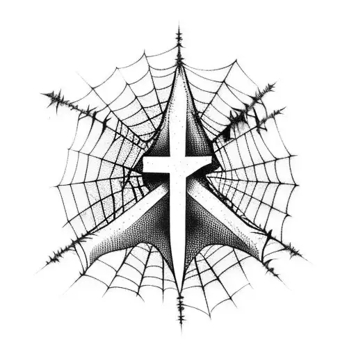 creepy church with a cross, spider web on side, bats flying over the church tattoo design idea