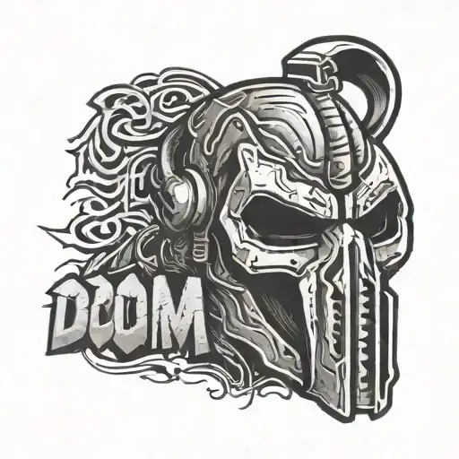 mf doom textured mask over the word Doom written in graffiti tattoo design idea