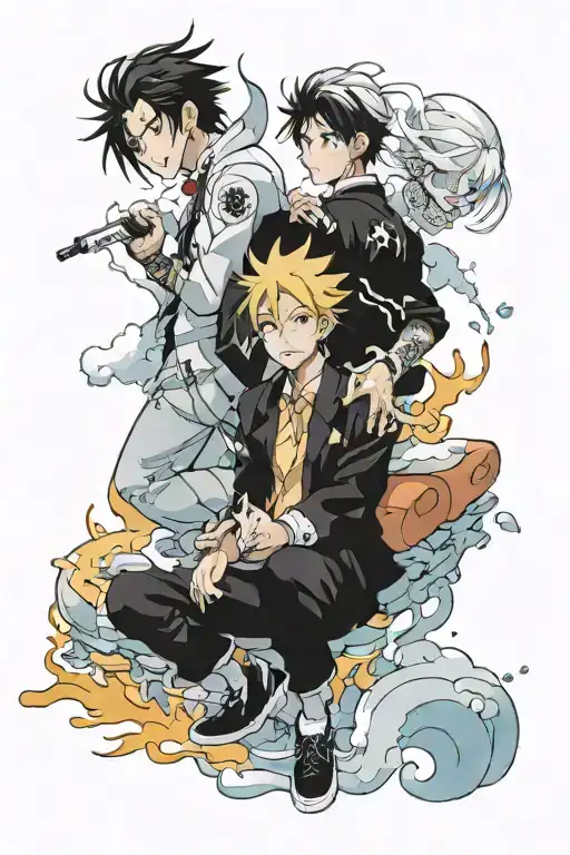 Makes a chill out scene for a tattoo that includes saturo gojo, zenitsu, sung jinwoo, and yoichi isagi and seishiro nagi tattoo design idea