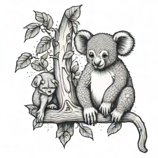 monkey wearing chuck Taylor's hanging out with a beautiful female koala under the tree of life   tattoo design idea