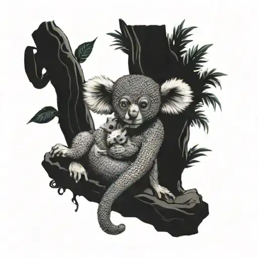 monkey wearing chuck Taylor's hanging out with a beautiful female koala under the tree of life tattoo design idea