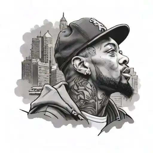 Design a black and grey portrait of a famous rapper with a Liverpool skyline background tattoo design idea