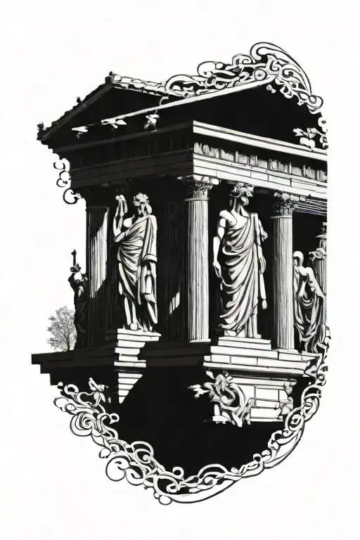 statues and Parthenon merging tattoo design idea