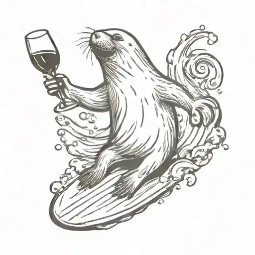 surfing seal holding wine tattoo design idea