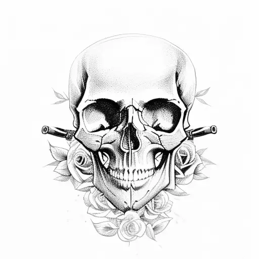 skull whith rose and guns tattoo design idea