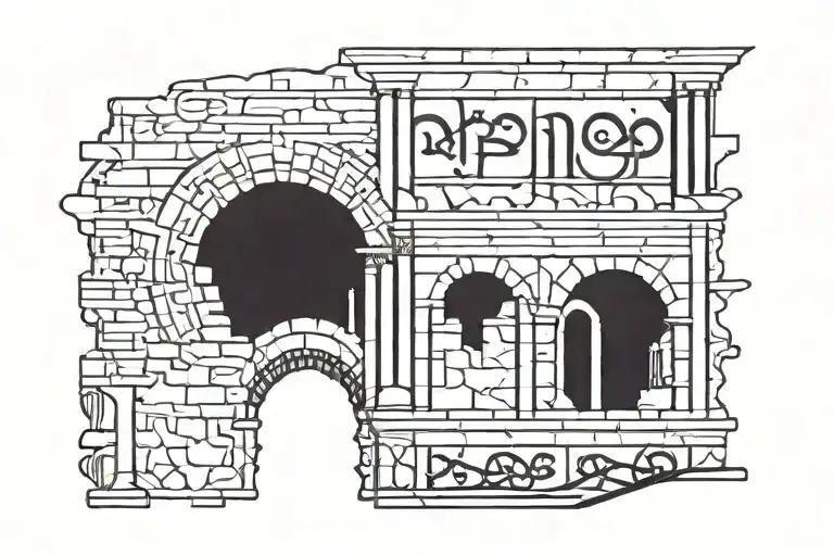 Arabic words " نور" written inside Roman Coloseum tattoo design idea