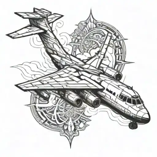 Create a tattoo design featuring a top-down view of the Ilyushin Il-76 aircraft overlaid on a prominent Orthodox cross.  tattoo design idea