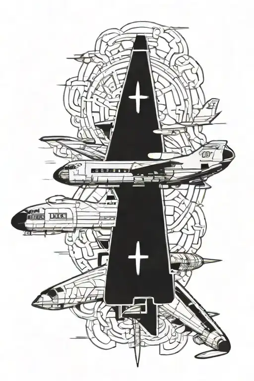 Create a tattoo design featuring a top-down view of the Ilyushin Il-76 aircraft overlaid on a prominent Orthodox cross.  tattoo design idea