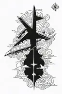 Create a tattoo design featuring a top-down view of the Ilyushin Il-76 aircraft overlaid on a prominent Orthodox cross.  tattoo design idea