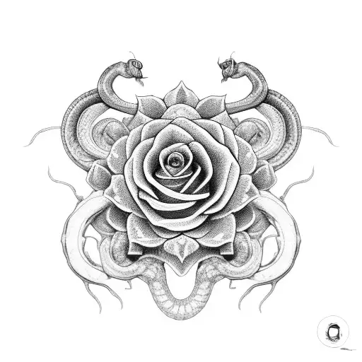 serpiente con un cranneo de indigo y rosas tattoo design idea
