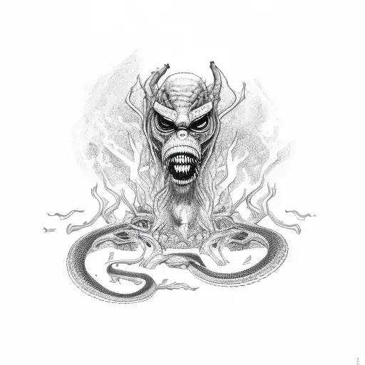 serpiente con un craneo de wendigo y rosas tattoo design idea