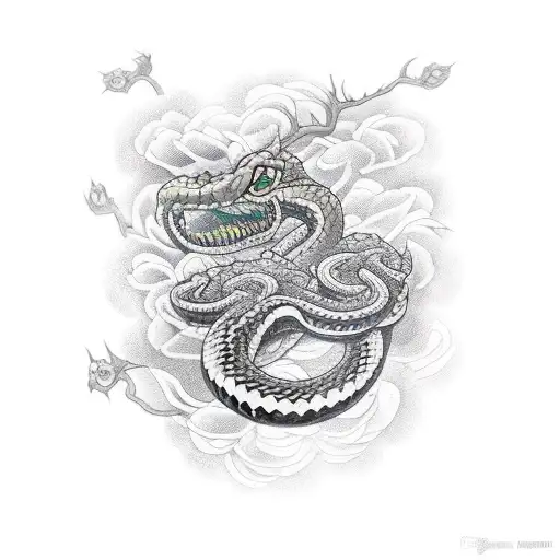 serpiente con un craneo de wendigo y rosas tattoo design idea