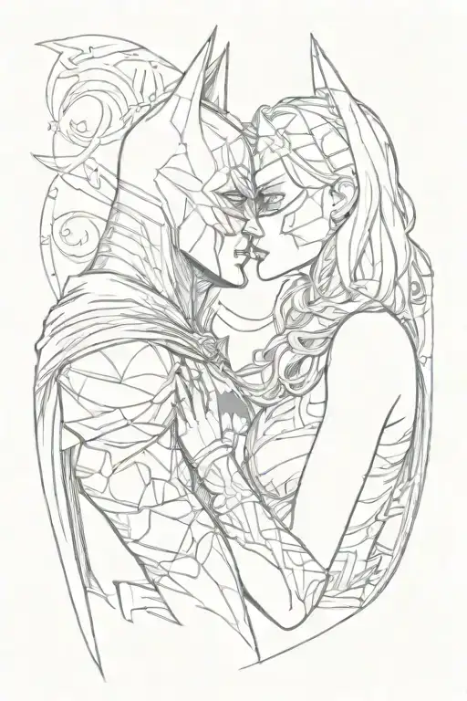 Batman and batwoman, kissing passionately, with sexy shapes, A sketch for a tattoo, drawn in pencil tattoo design idea