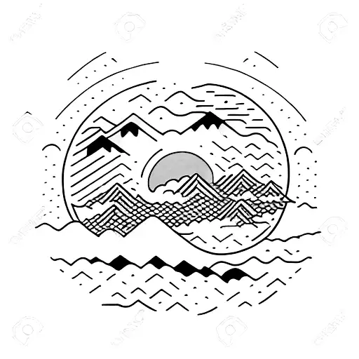 A minimalist tattoo of a Japanese mountain range with the sun and moon intertwined in the sky tattoo design idea