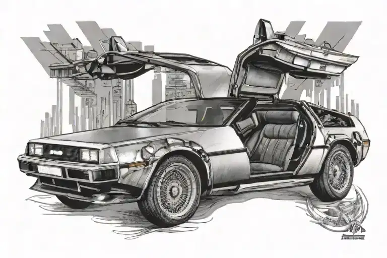 DeLorean DMC 12, side view, black grey tattoo tattoo design idea