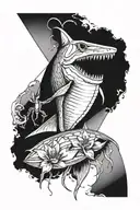 Great white shark tooth centered with a praying mantis mirror beneath it and a tattoo design idea
