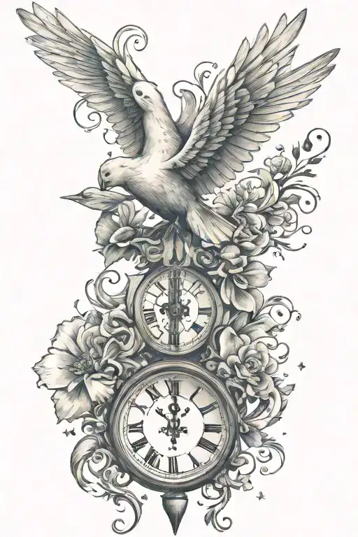 cross and doves flying with Roman numerals tattoo design idea