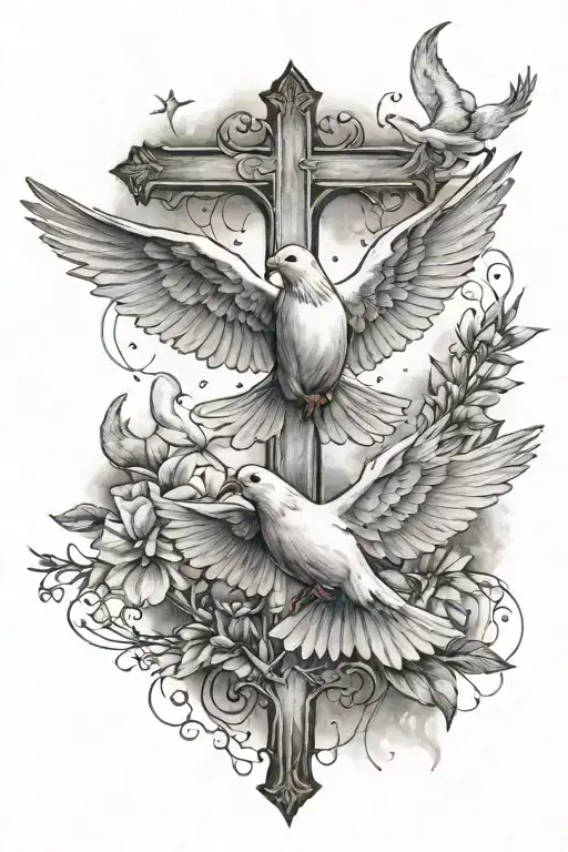 cross and doves flying and lights tattoo design idea