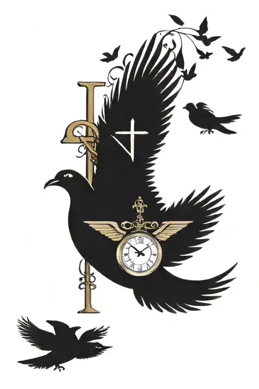 cross and doves flying with Roman numerals representing important dates tattoo design idea