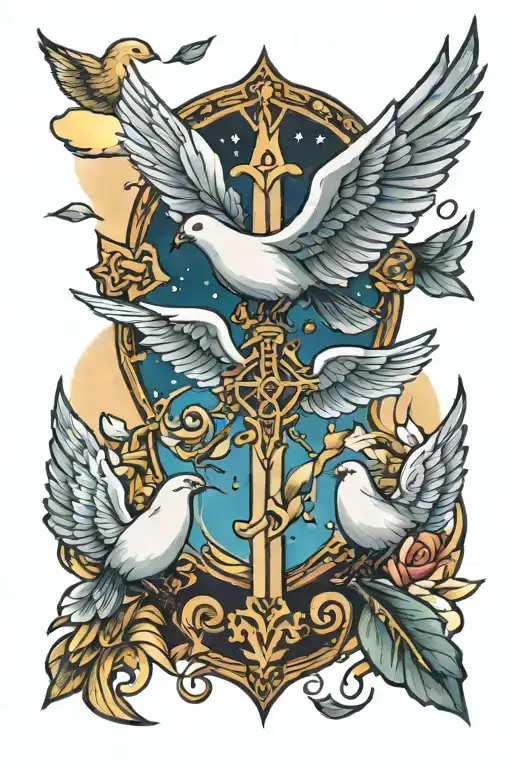 cross and doves flying and lights tattoo design idea