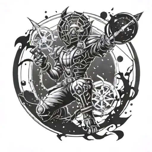 Combine League of Legends and galaxy imagery in a blackwork tattoo design. tattoo design idea
