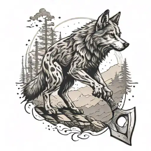 A mining scene with a wolf leading the way with a tomahawk in hand tattoo design idea
