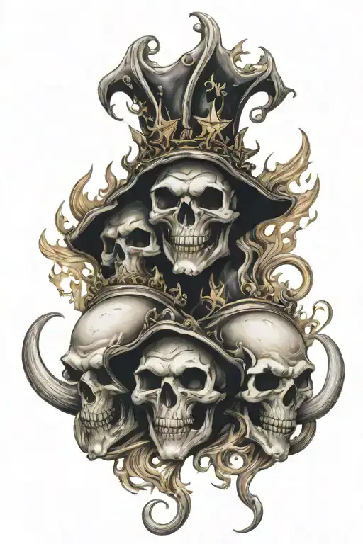 Jester skulls with flames and nautical stars tattoo design idea