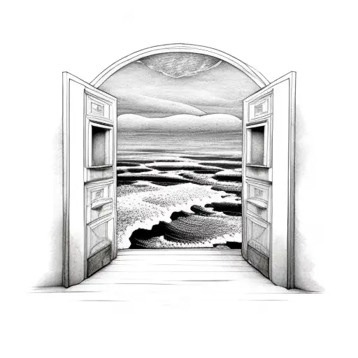 door that is open to reveal an ocean landscape tattoo design idea