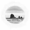 door that is open to reveal the view of haystack rock from ecola state park on the oregon coast tattoo design idea