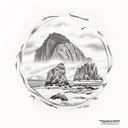 door that is open to reveal the view of haystack rock from ecola state park on the oregon coast tattoo design idea