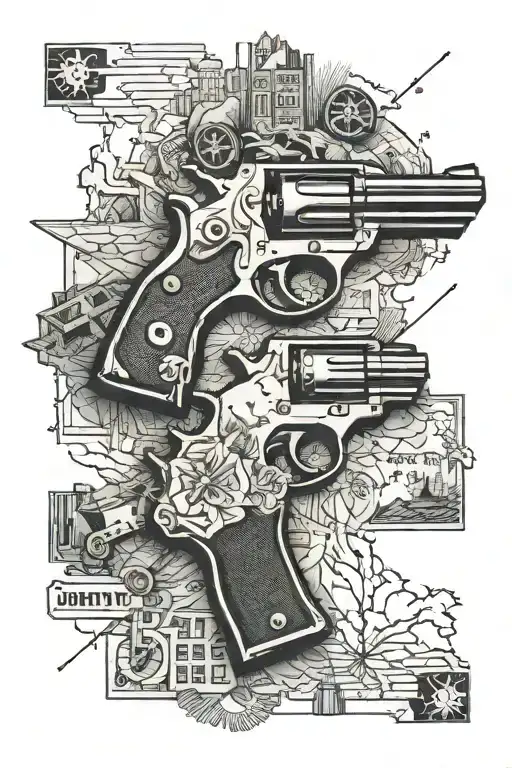 A road map of the state with a pair of crossed pistols overlaying it tattoo design idea