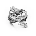 a laurel branch making a bracelet on the arm and in the middle a letter f tattoo design idea