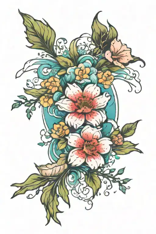 mountains ocean flowers growing tattoo design idea