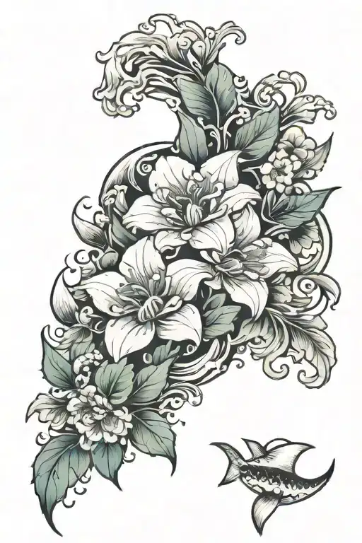 ocean mountains flowers growing tattoo design idea