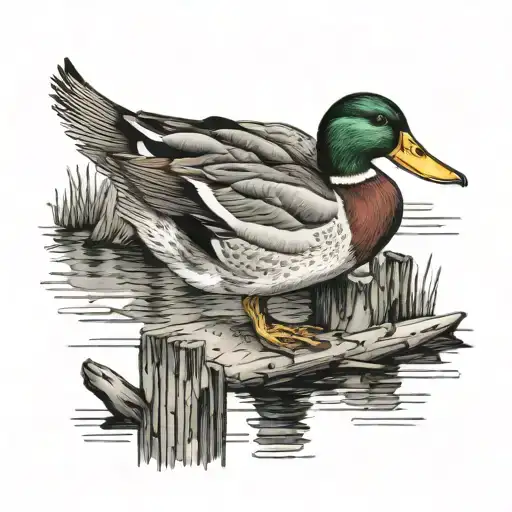small Mallard ducks coming over big timbers onto water tattoo design idea