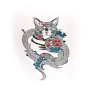 cats with japanese elements covering the whole arm tattoo design idea